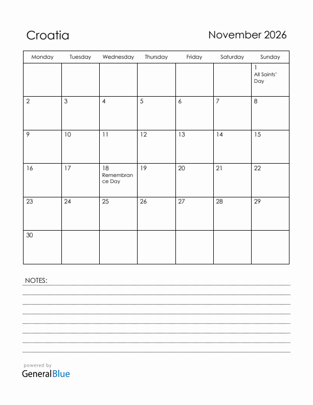November 2026 Croatia Calendar with Holidays (Monday Start)