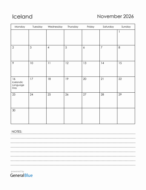 November 2026 Iceland Calendar with Holidays (Monday Start)