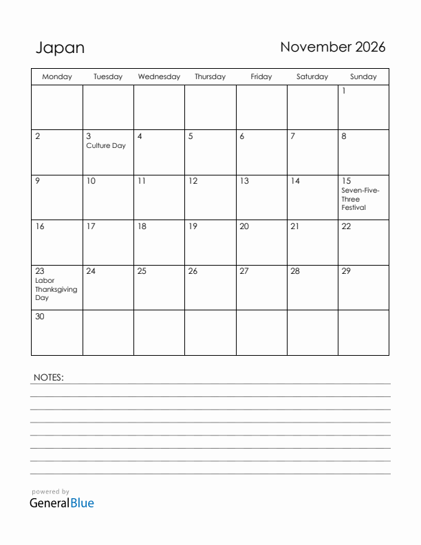 November 2026 Japan Calendar with Holidays (Monday Start)