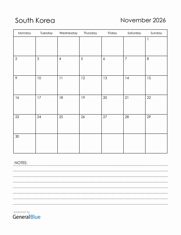 November 2026 South Korea Calendar with Holidays (Monday Start)