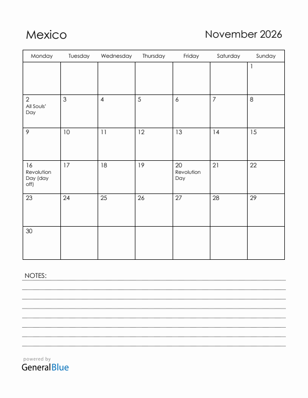 November 2026 Mexico Calendar with Holidays (Monday Start)