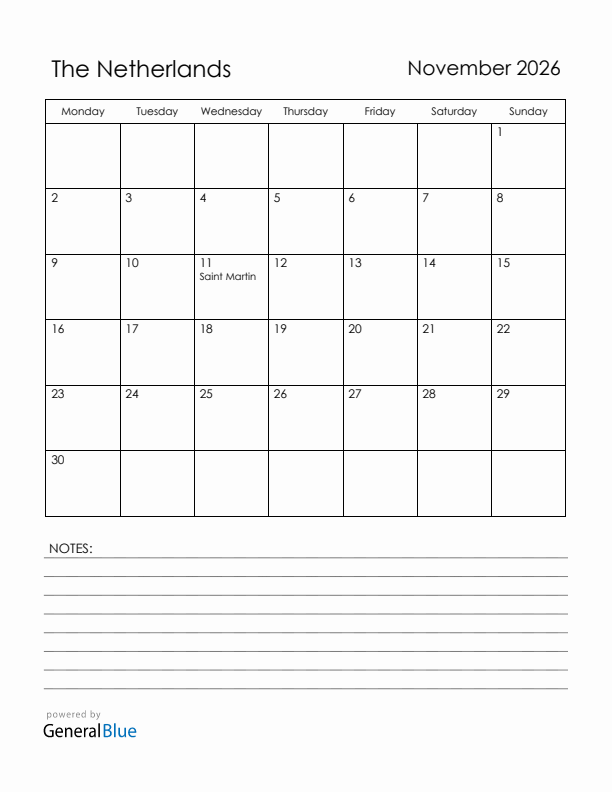 November 2026 The Netherlands Calendar with Holidays (Monday Start)
