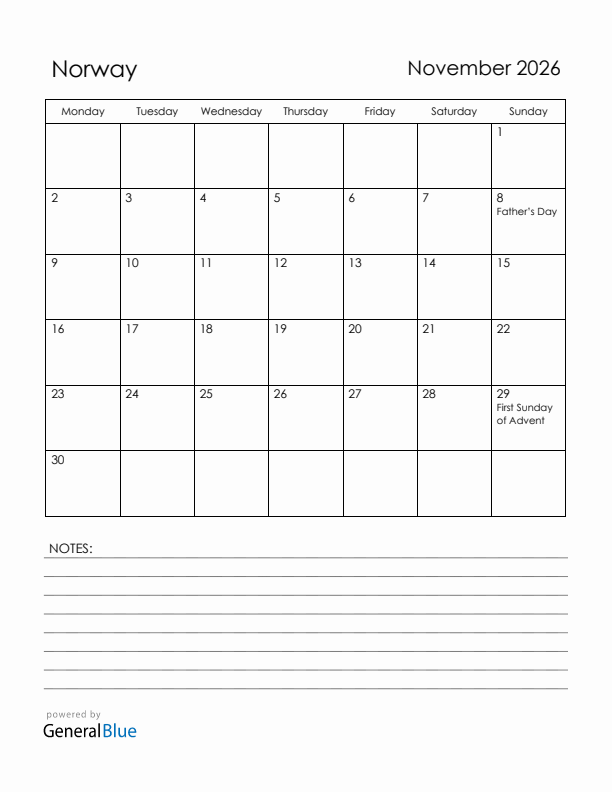November 2026 Norway Calendar with Holidays (Monday Start)