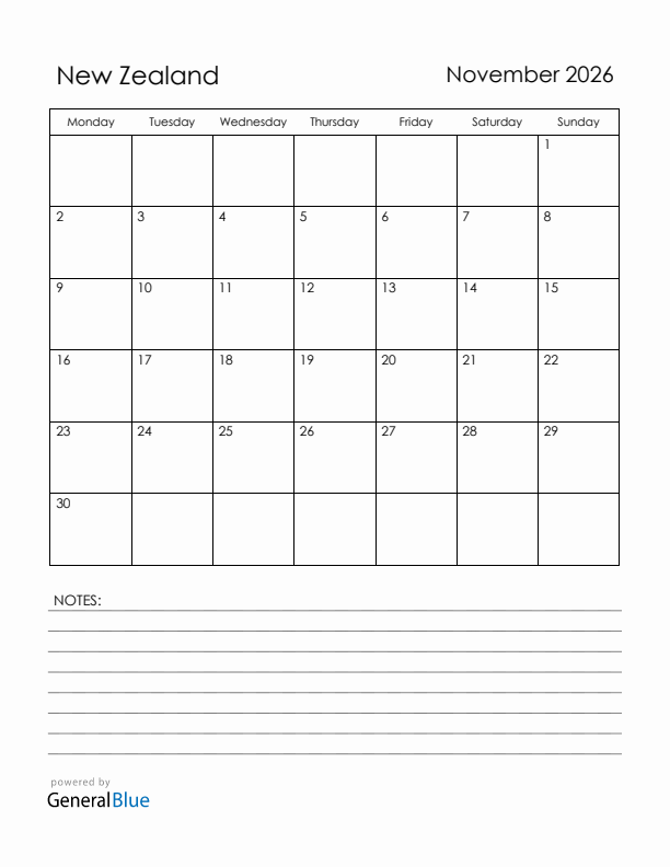 November 2026 New Zealand Calendar with Holidays (Monday Start)