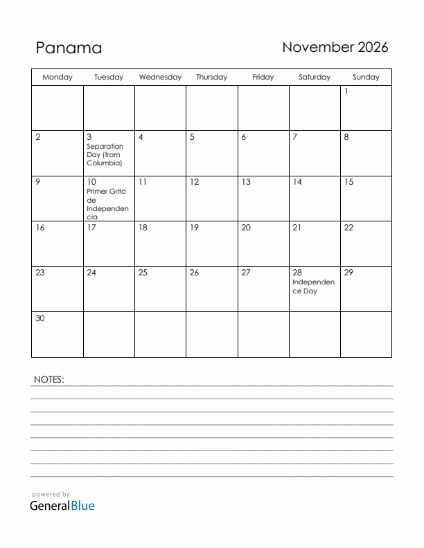 November 2026 Panama Calendar with Holidays (Monday Start)