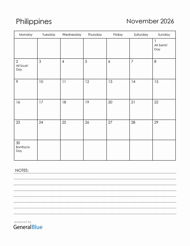 November 2026 Philippines Calendar with Holidays (Monday Start)