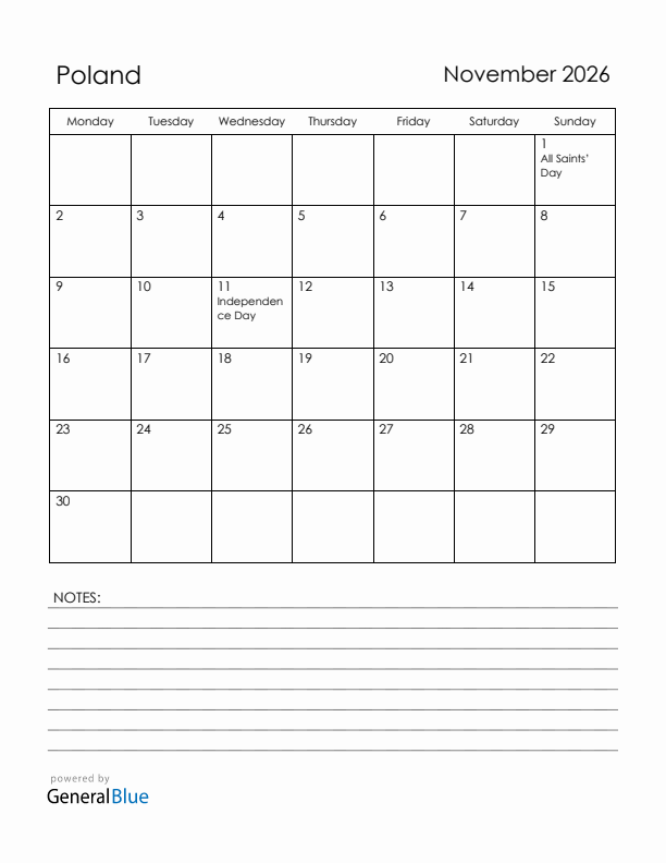 November 2026 Poland Calendar with Holidays (Monday Start)