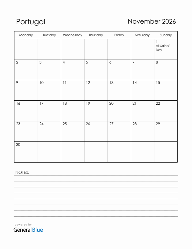 November 2026 Portugal Calendar with Holidays (Monday Start)