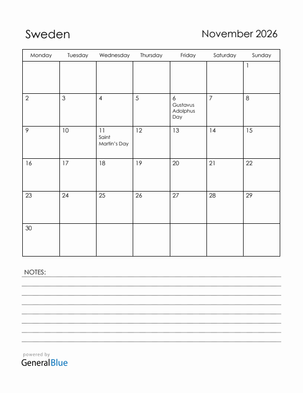 November 2026 Sweden Calendar with Holidays (Monday Start)