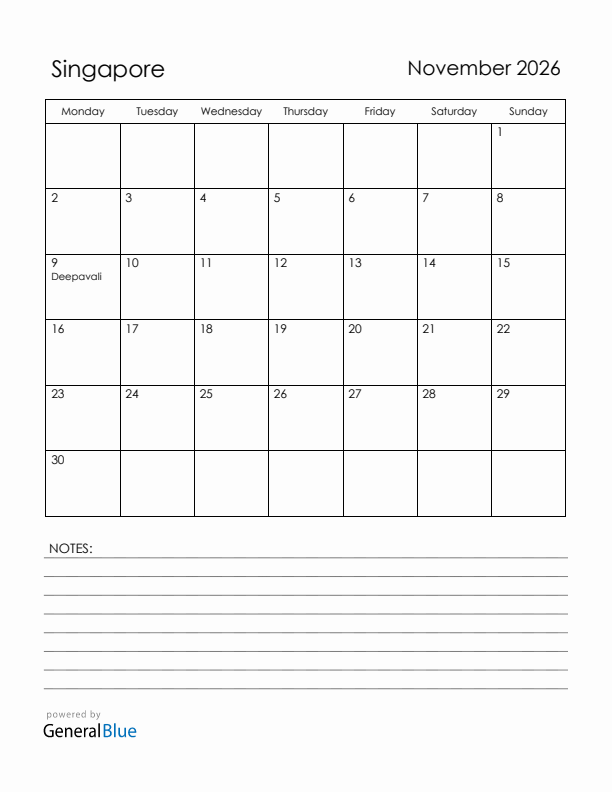 November 2026 Singapore Calendar with Holidays (Monday Start)