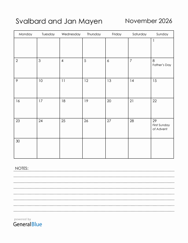 November 2026 Svalbard and Jan Mayen Calendar with Holidays (Monday Start)