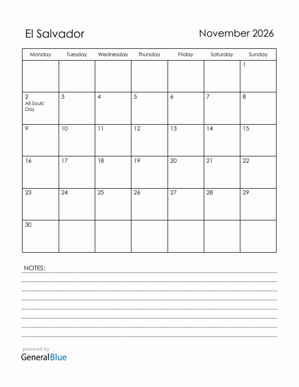 November 2026 El Salvador Calendar with Holidays (Monday Start)