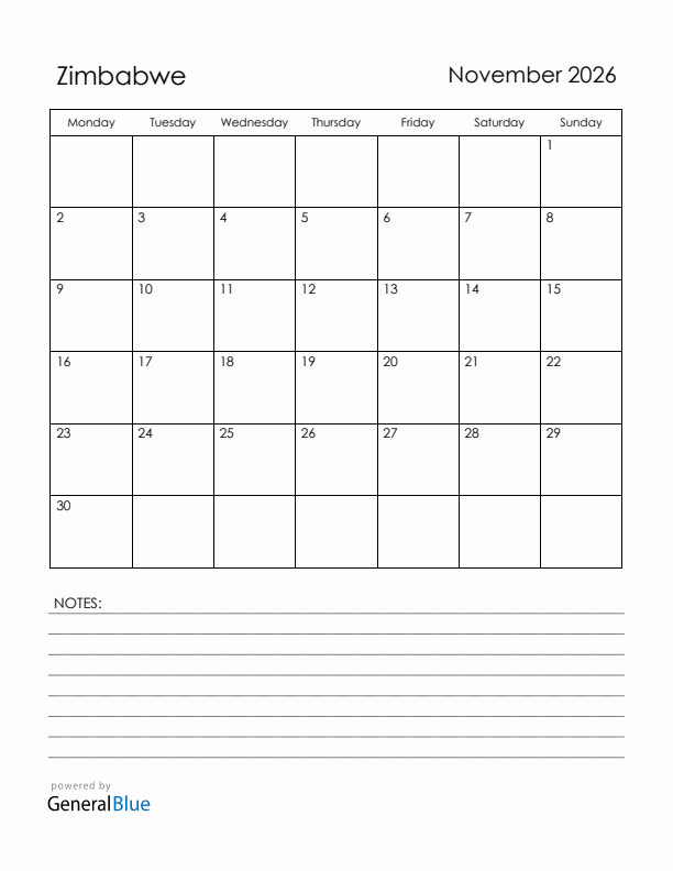November 2026 Zimbabwe Calendar with Holidays (Monday Start)