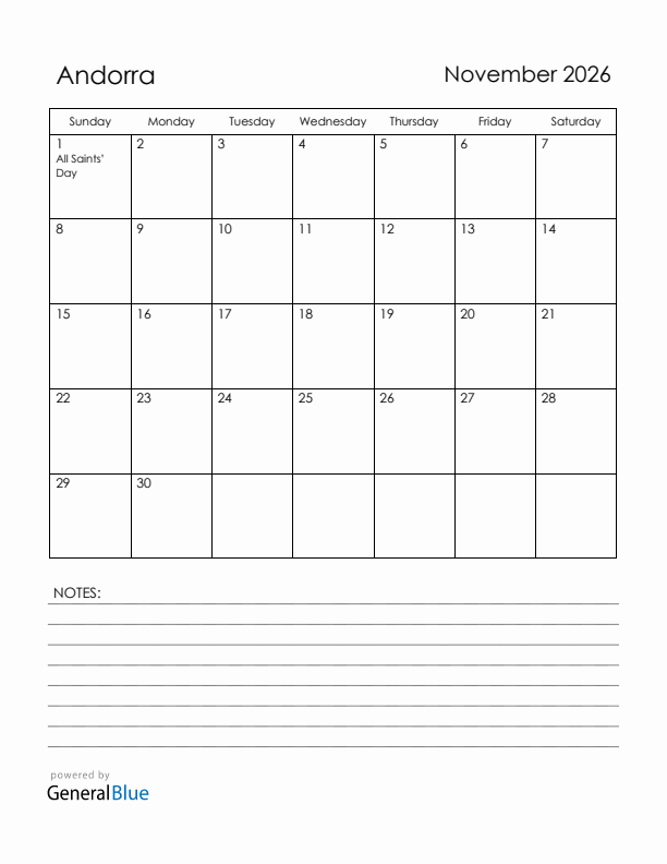 November 2026 Andorra Calendar with Holidays (Sunday Start)