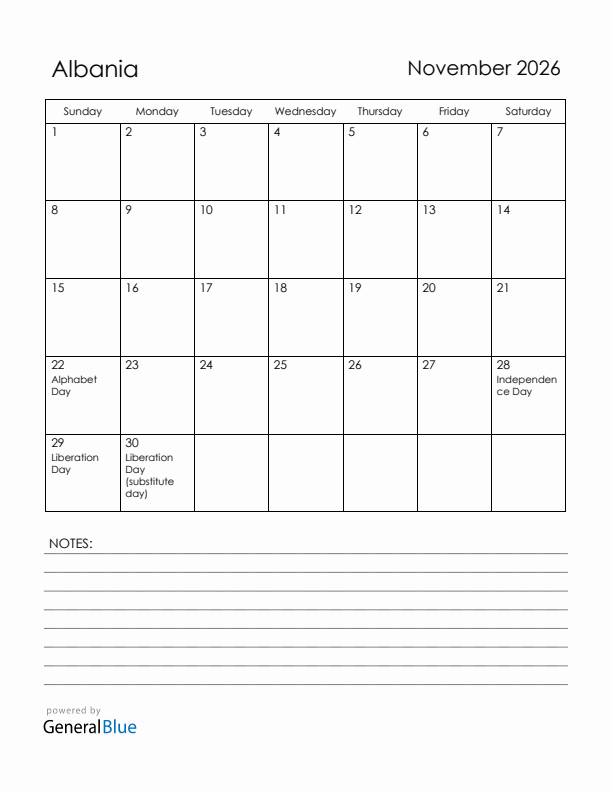 November 2026 Albania Calendar with Holidays (Sunday Start)