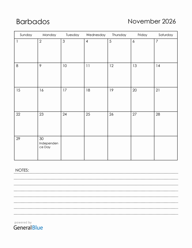 November 2026 Barbados Calendar with Holidays (Sunday Start)