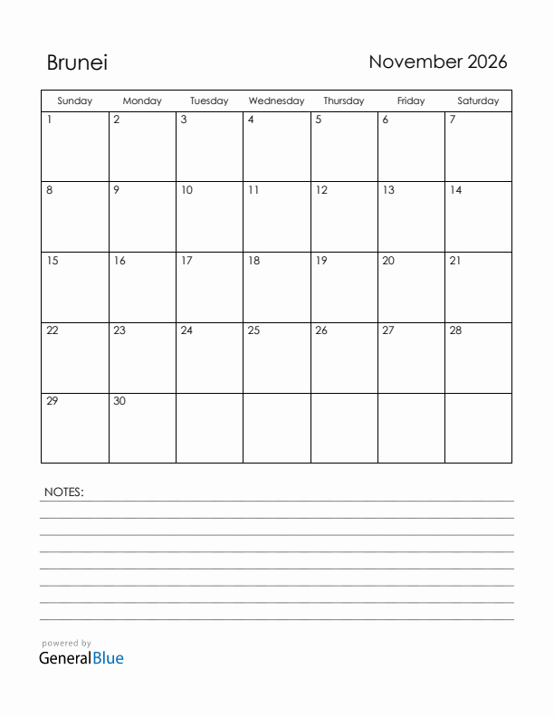 November 2026 Brunei Calendar with Holidays (Sunday Start)