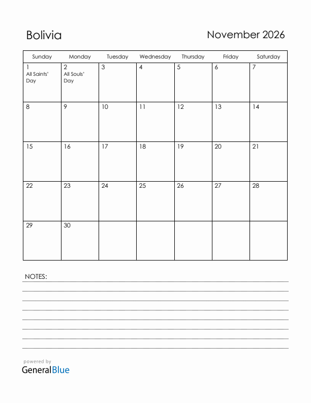 November 2026 Bolivia Calendar with Holidays (Sunday Start)