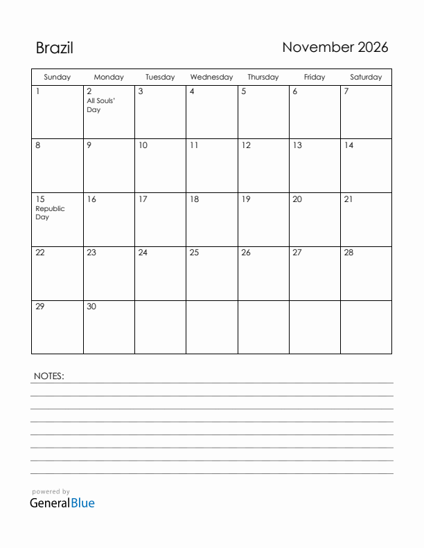 November 2026 Brazil Calendar with Holidays (Sunday Start)