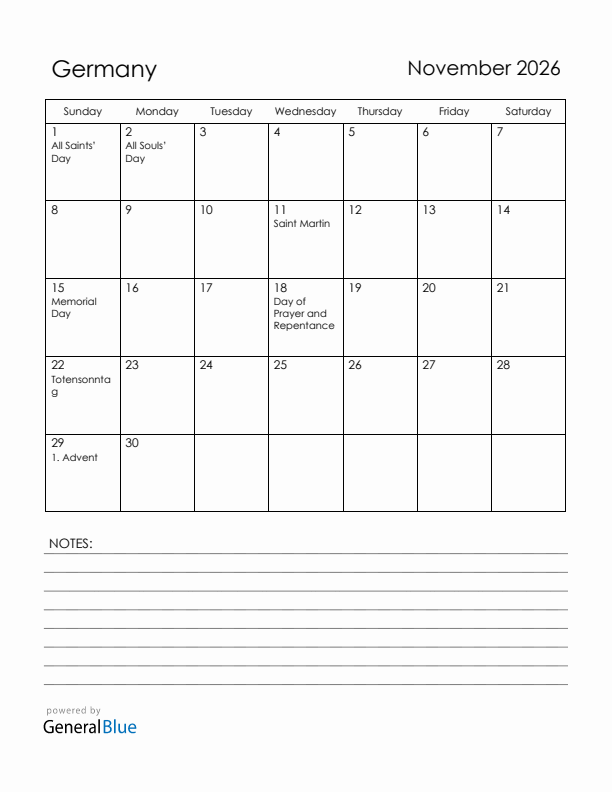 November 2026 Germany Calendar with Holidays (Sunday Start)
