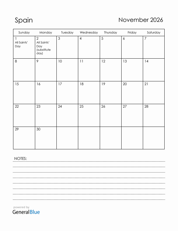 November 2026 Spain Calendar with Holidays (Sunday Start)