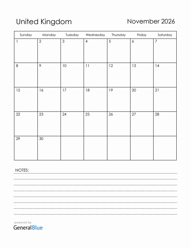 November 2026 United Kingdom Calendar with Holidays (Sunday Start)