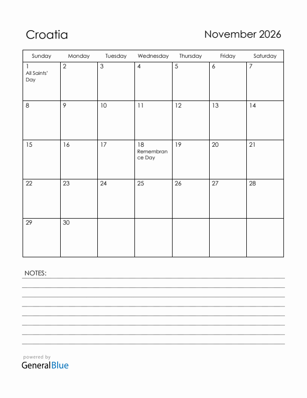 November 2026 Croatia Calendar with Holidays (Sunday Start)