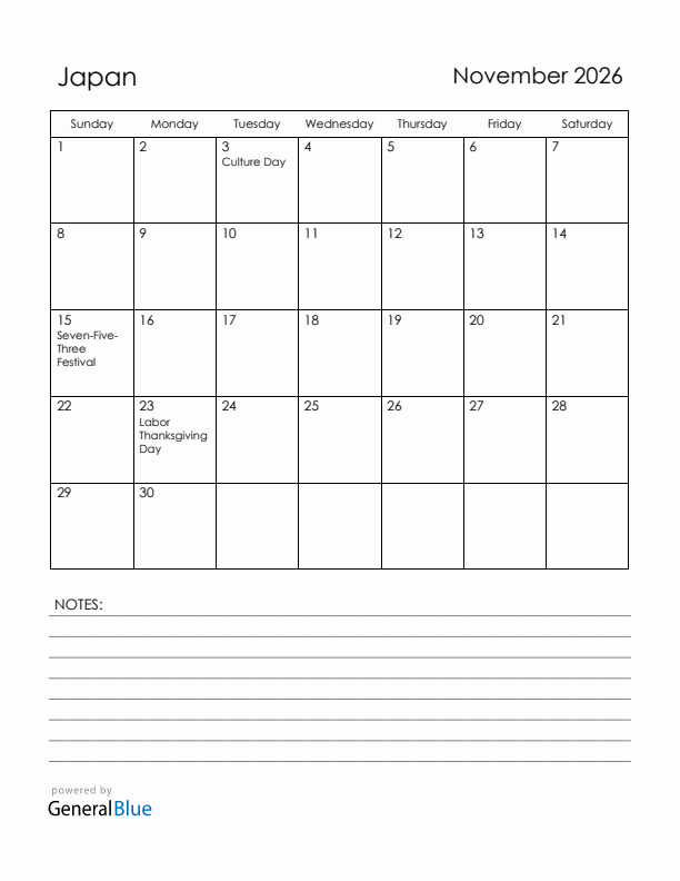 November 2026 Japan Calendar with Holidays (Sunday Start)