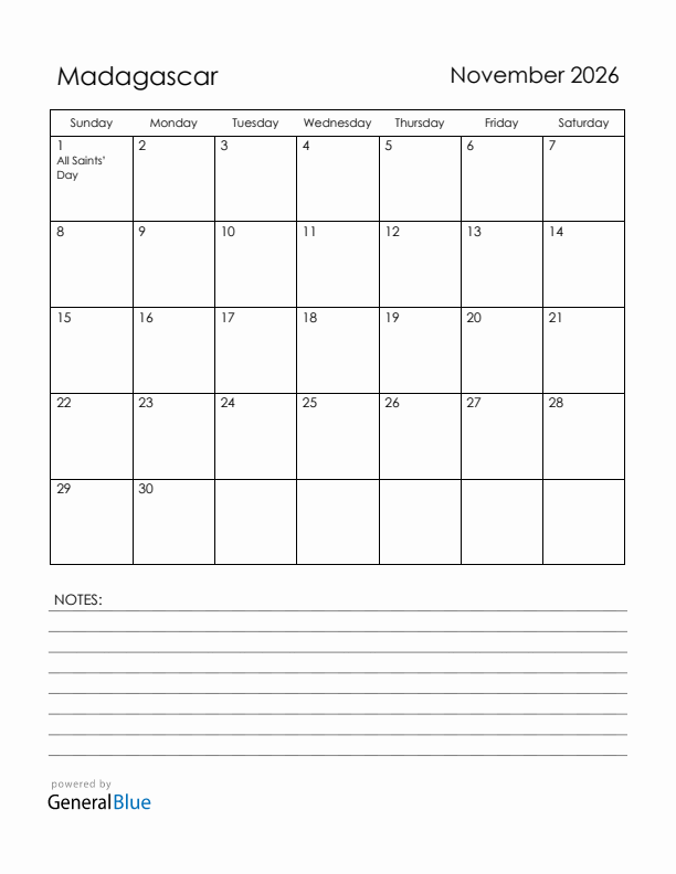 November 2026 Madagascar Calendar with Holidays (Sunday Start)