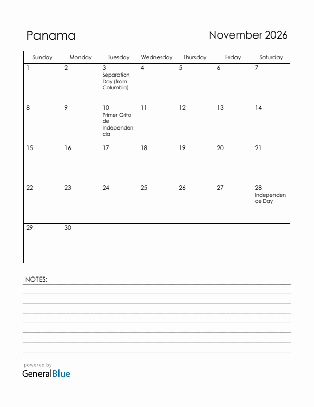 November 2026 Panama Calendar with Holidays (Sunday Start)