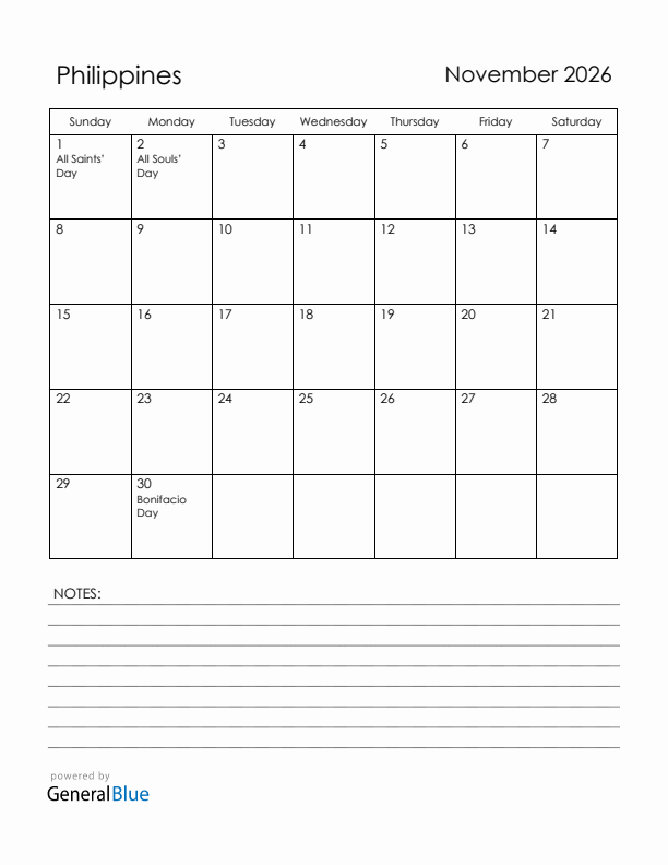 November 2026 Philippines Calendar with Holidays (Sunday Start)