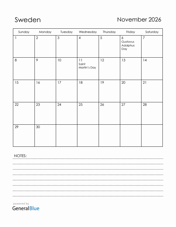 November 2026 Sweden Calendar with Holidays (Sunday Start)
