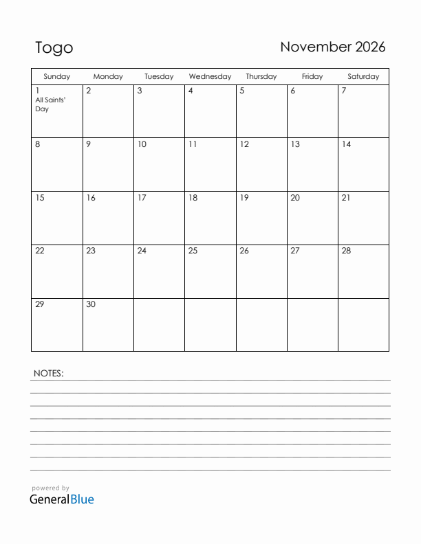 November 2026 Togo Calendar with Holidays (Sunday Start)