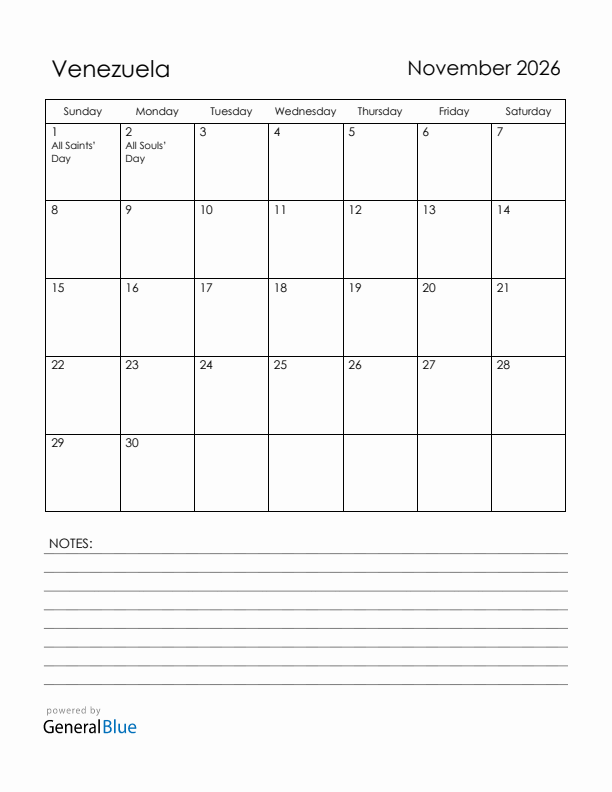 November 2026 Venezuela Calendar with Holidays (Sunday Start)