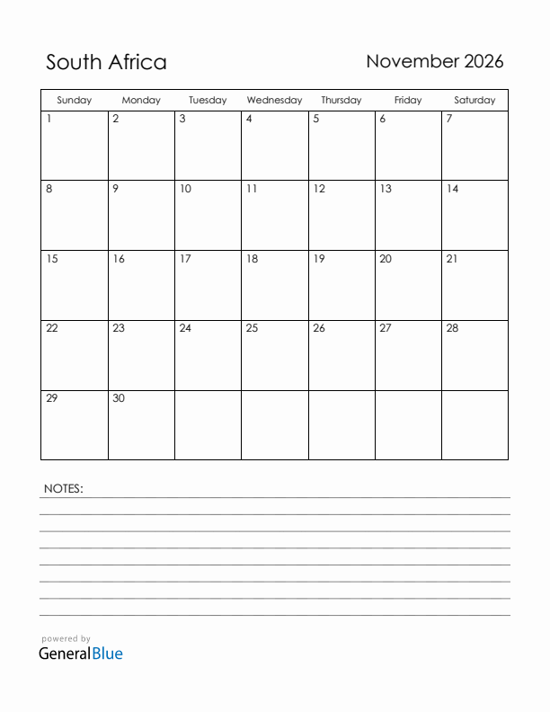 November 2026 South Africa Calendar with Holidays (Sunday Start)