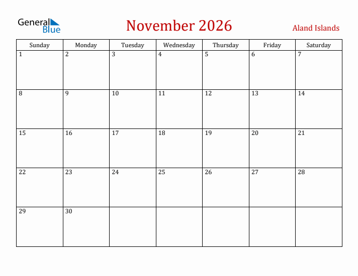 Aland Islands November 2026 Calendar - Sunday Start