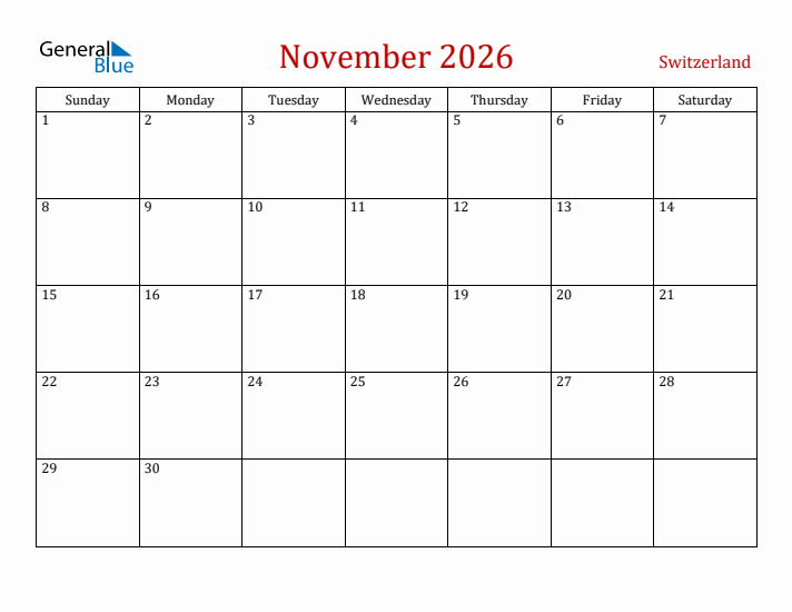 Switzerland November 2026 Calendar - Sunday Start