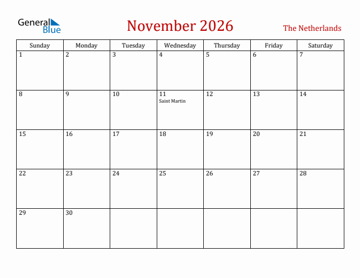 The Netherlands November 2026 Calendar - Sunday Start