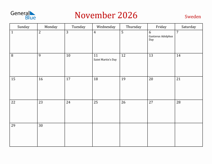 Sweden November 2026 Calendar - Sunday Start