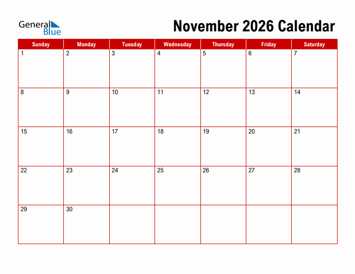 Simple Monthly Calendar - November 2026