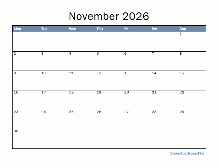 November 2026 Simple Month Calendar Template