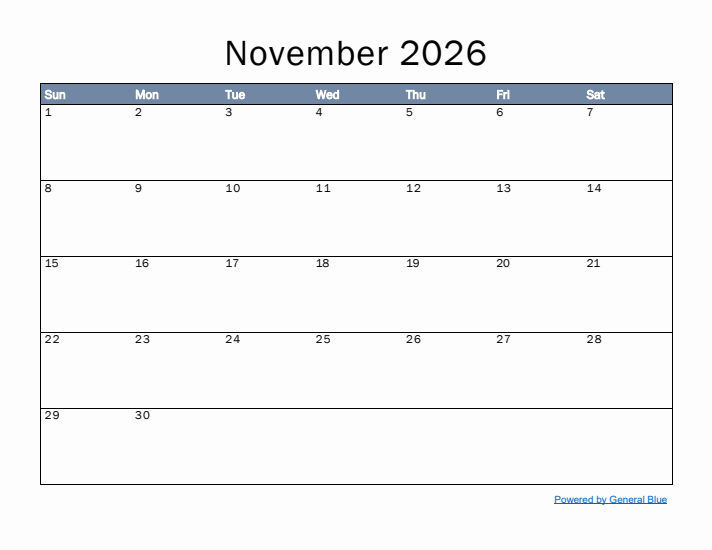 November 2026 Simple Month Calendar Template