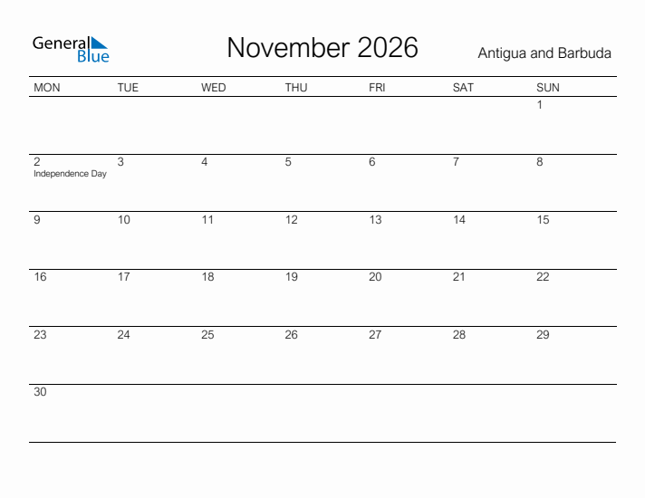 Printable November 2026 Calendar for Antigua and Barbuda