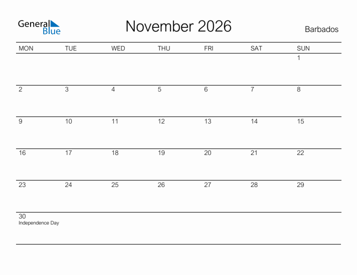 Printable November 2026 Calendar for Barbados