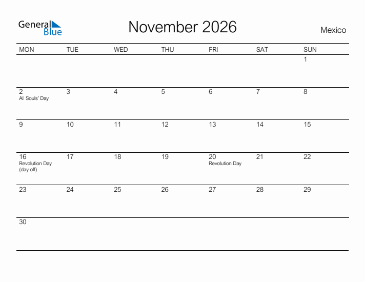 Printable November 2026 Calendar for Mexico