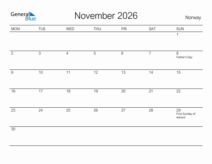 Printable November 2026 Calendar for Norway