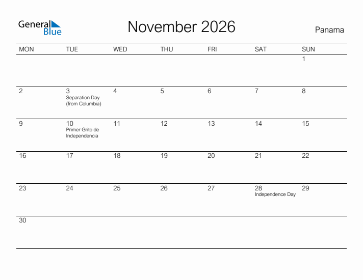 Printable November 2026 Calendar for Panama