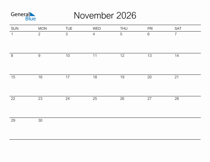 Printable November 2026 Calendar - Sunday Start