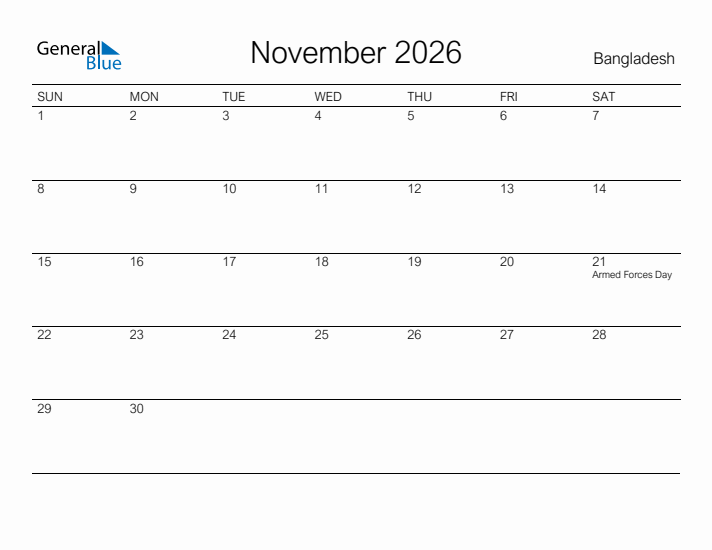 Printable November 2026 Calendar for Bangladesh