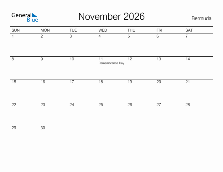 Printable November 2026 Calendar for Bermuda